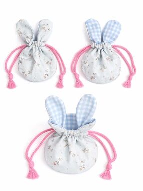 Mini Bunny Drawstring Pouch - Light Blue Floral with Pink Ties